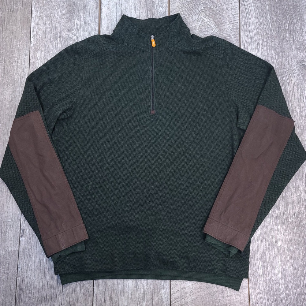 F&G Tech Quarter Zip Pullover Mens Large Green Herringbone Elbow Patches